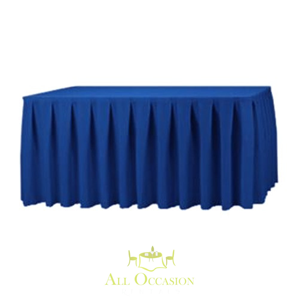 14ft royal blue polyester table skirt for weddings and events, available at Corona event rentals.
