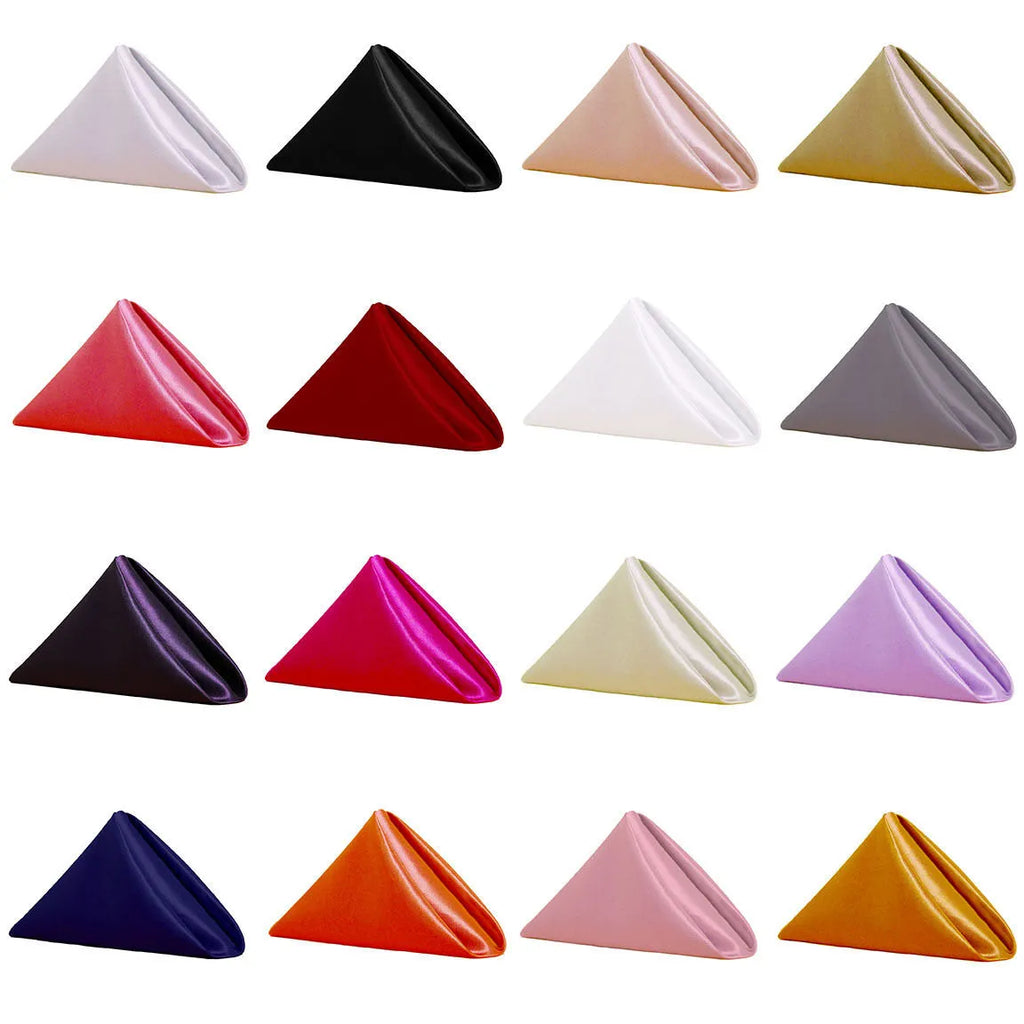 Colorful satin napkins for events, ideal for table linen rental in Corona and banquet table setups.