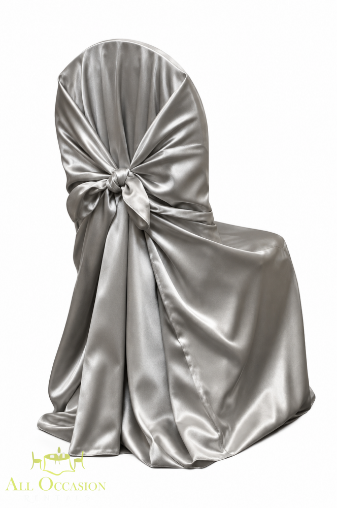 Enhanced illustration of silver satin universal chair cover with gathered back, based on the original product photo