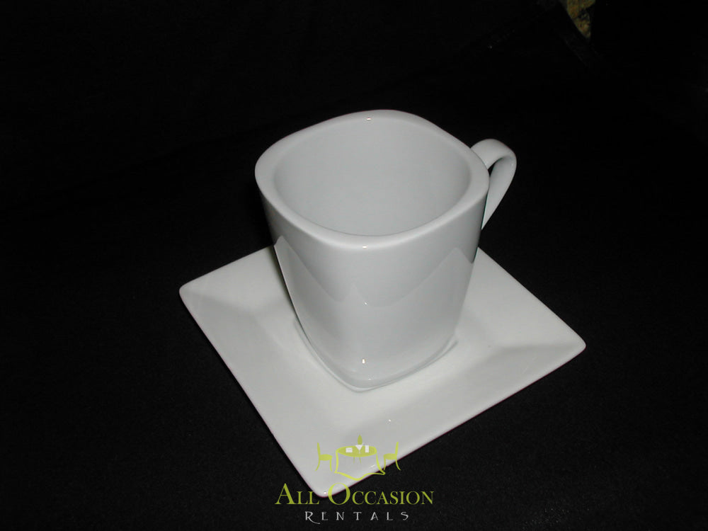 Shaped white square mug and saucer for event rentals, ideal for Corona party rentals and wedding accessories.