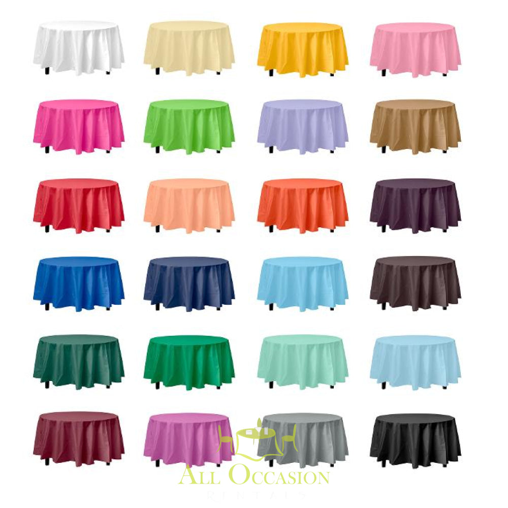 A variety of colorful 90" Round Polyester Tablecloths displayed for all occasions including weddings and events.