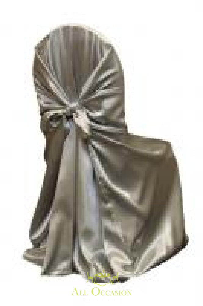 Silver satin chair cover for weddings and events, perfect for Corona event rentals and banquets.