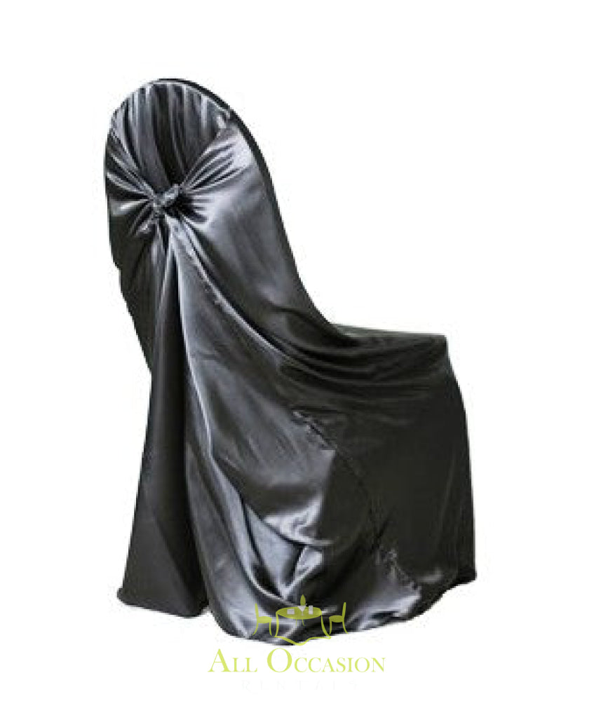 Black satin chair cover rental for weddings and events, ideal for Corona party and event rentals.