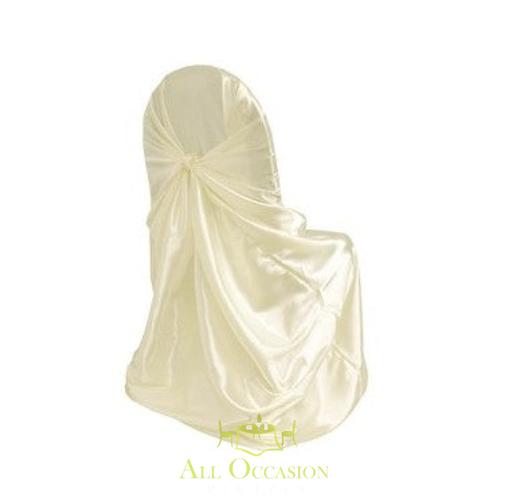 Ivory satin chair cover for weddings and events, ideal for Corona party rentals and event decor.