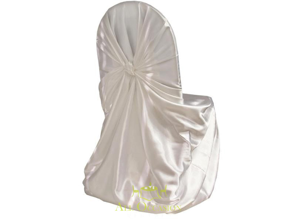 White satin universal chair cover for event rentals in Corona, perfect for weddings and banquets.