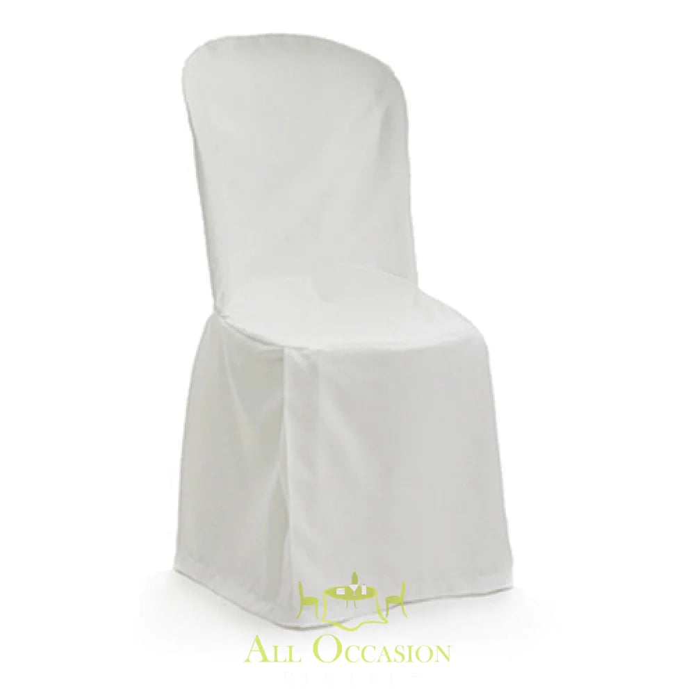 White folding chair cover for weddings and events, perfect for chair rentals in Corona and the Inland Empire.