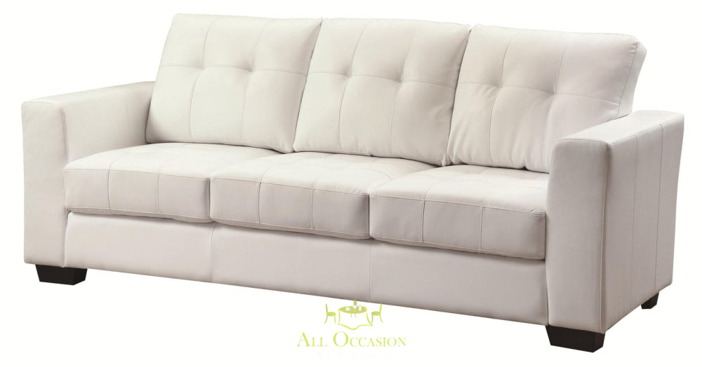 White leather sofa suitable for events, perfect for lounge furniture rental in Corona, enhancing any gathering.