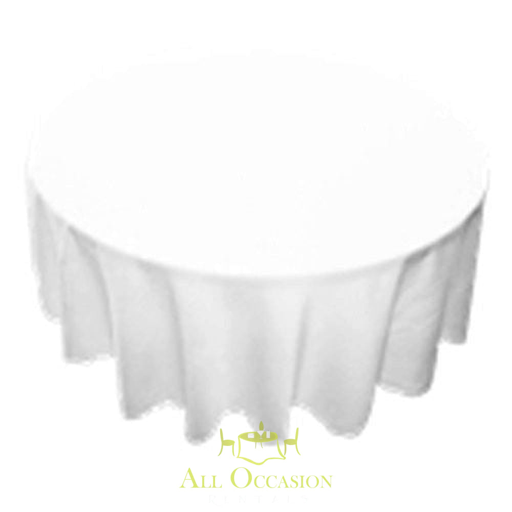 120 inch round white polyester tablecloth for weddings and events, ideal for table linen rental in Corona.