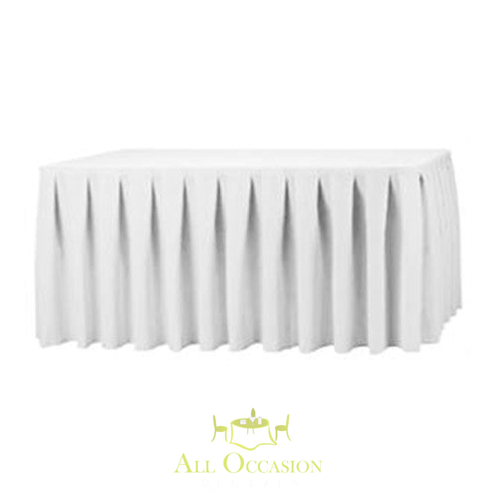 14ft white polyester table skirt for event rentals, perfect for weddings and formal presentations.